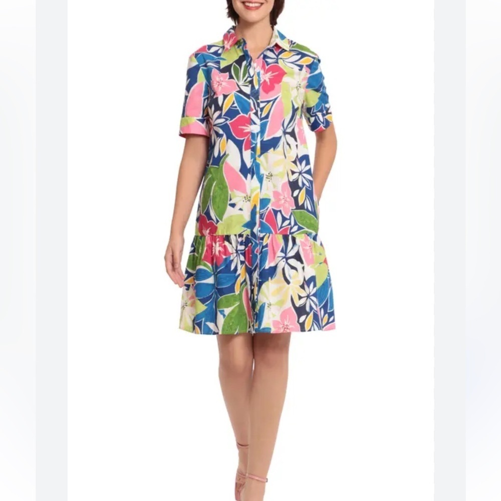 Donna Morgan Floral Print Short Sleeve Poplin Shirt Dress size 6 collared  EUC
